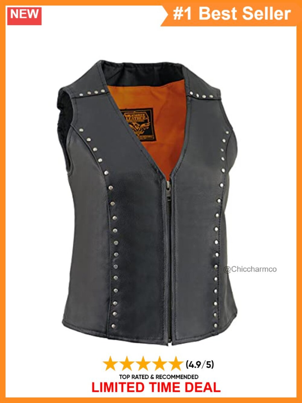 Women's Premium Leather Motorcycle Rider Vest Studded Zip Concealed Carry